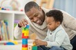 © SerPak - A father and his young son are engaged in a playful activity, constructing a tower with colorful blocks in a bright and cozy playroom filled with toys and books, fostering creativity and bonding momen