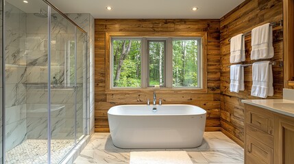 Wall Mural - Elegant bathroom design featuring a freestanding tub and natural wood accents in a serene setting