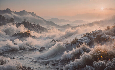 Poster - Mountain range with a river and a large wave. The water is white and the sky is orange