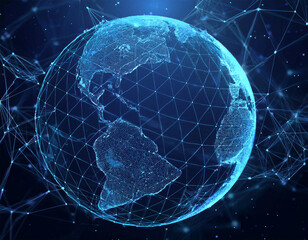 Wall Mural - floating blue plexus geometric. blue futuristic background with planet earth shape