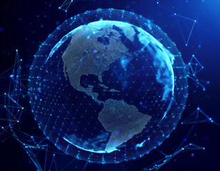 Wall Mural - floating blue plexus geometric. blue futuristic background with planet earth shape