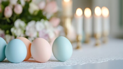 Wall Mural - Elegant Easter setup with candles, vintage glassware, and pastel-colored eggs on a lace-covered table, soft and sophisticated ambiance 