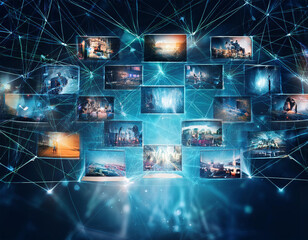 Wall Mural - internet data flow or blogging concept with many digital life style screens and polygonal lines