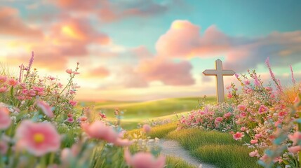 Wall Mural - Cross in a beautiful field of grass and flowers