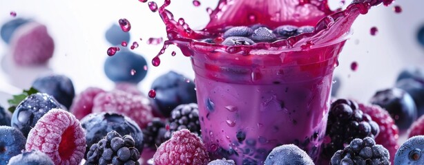 Berry Smoothie Splash: A vibrant, close-up shot captures the moment a delicious berry smoothie is poured, creating a dynamic splash of purple liquid and juicy berries.