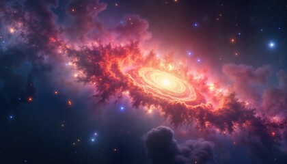 Fototapete - Celestial nebula ablaze with vibrant hues. Fiery orange, red flames spiral, expand against dark space background. Energy pulses through swirling clouds of smoke. Abstract, mesmerizing. Amazing