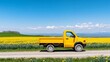 © fotogurme - Yellow cargo pickup truck parked on a dirt road lined with daffodils and tulips, fields of wildflowers stretching into the distance, cheerful spring vibe