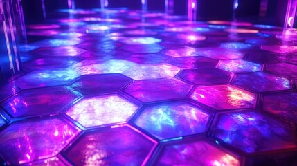 Wall Mural - glowing neon lights illuminate an abstract hexagon floor evoking an atmospheric and futuristic club 