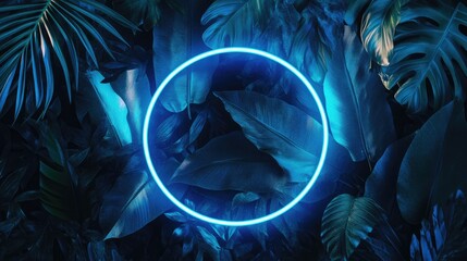 Wall Mural - blue neon light circle on a backdrop of lush green jungle leaves
