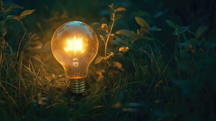 Vintage Light Bulb Emitting Soft Warm Glow Surrounded by Lush Green Grass in Evening Setting