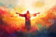 © Lazy_Bear - Colorful painting silhouette of Jesus Christ with open arms embracing world. Concept of faith and spirituality