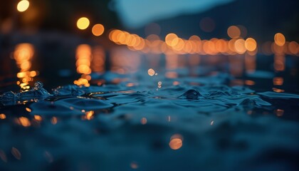 Wall Mural - Water surface with light bokeh. Abstract pattern. Water texture. Night view. City lights reflection in water. Light splashes on dark water. Design with blue, orange colors. Ideal for wallpaper.