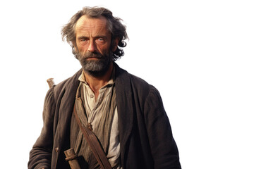 Middle-aged man dressed in a classic European folk costume, including a wool vest and embroidered shirt, isolate on a white background.