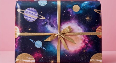 Wall Mural - a glittery galaxy design featuring nebulae planets and distant stars for a cosmic themed gift wrap