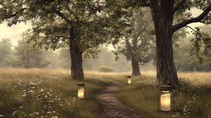 Wall Mural - Tranquil Pathway Through a Misty Forest with Glowing Lanterns, Lush Greenery, and Gentle Sunlight Filtering Through Tree Canopy