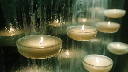 Wall Mural - Tranquil Scene of Flickering Candles in Water with Moody Lighting Creating a Serene and Calming Atmosphere for Relaxation and Reflection
