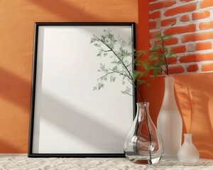 Wall Mural - A black frame mockup with a white vase filled with branches with green leaves. two glass bottles. and a white tile floor against an orange brick wall with sunlight