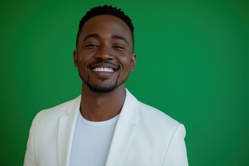 Wall Mural - A man with a beard and a smile is wearing a white jacket and smiling