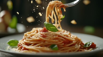 Poster - Spaghetti fork lift close up, herbs sprinkled pasta dish, Italian cuisine food photography, tomato sauce garnish