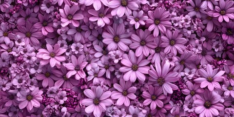 Wall Mural - Purple flowers and blossoms filling the background, with a light breeze suggested by slightly blurred petals.