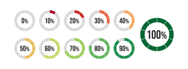 Circle Loading indicator. Progress bar. Loading Indicator. Percentage circle meters from 0 to 100 for web design, user interface UI or infographic. 0 10 20 30 40 50 60 70 80 90 100 percent.