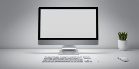 Wall Mural - Modern desktop computer vector mockup with flat screen and keyboard on white workspace, keyboard, mockup, vector