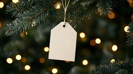 A blank gift tag is suspended from a green evergreen branch, illuminated by soft, warm lights in the background, creating a festive and cozy atmosphere for the holidays