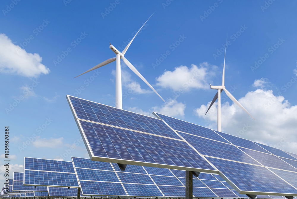 Rows array of Solar panels and wind turbines generating electricity in ...