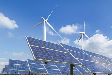 Wall Mural - rows array of solar panels and wind turbines generating electricity in hybrid power plant systems st