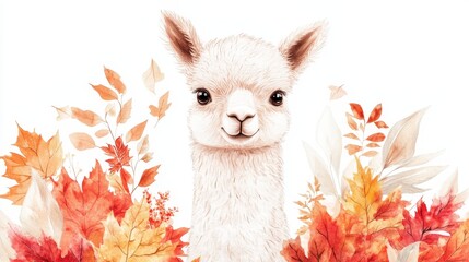 Wall Mural - Cute Alpaca Surrounded by Autumn Leaves Perfect for Fall Decorations, Adorable Animal in Autumn Setting, Watercolor Illustration