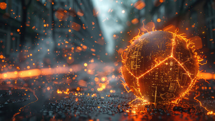 Wall Mural - A ball with a hole in it is surrounded by sparks and fire. The image has a futuristic and dystopian feel to it