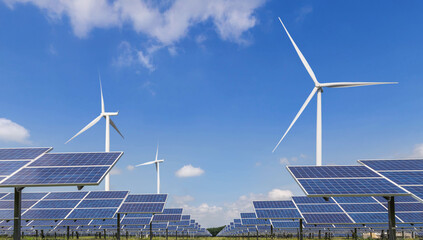 Wall Mural - solar panels with wind turbines generating electricity in hybrid power plant systems station , clean