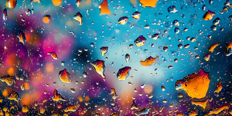 Wall Mural - Colorful water droplets on a window pane against a blue sky