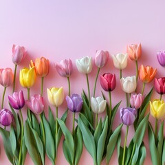 Wall Mural - A row of colorful tulips are arranged in a row on a pink background