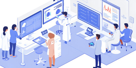 Medical Research Team Collaboration: Isometric illustration of a diverse team of scientists collaborating on research in a modern laboratory, using advanced technology and data analysis.  
