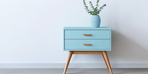 Wall Mural - Sleek and stylish blue wooden dresser placed in front of a minimalist white wall