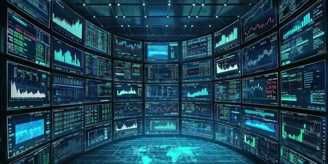 Wall Mural - Trading terminal setup with numerous screens showing various market indices and news.