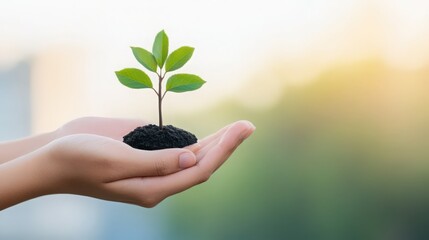 Wall Mural - A person is holding a small plant in their hand