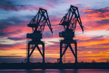 Wall Mural - Two silhouetted cranes standing tall against a vibrant sunset sky