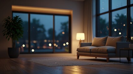 Wall Mural - Cozy living room at night with city view.