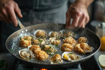 Wall Mural - Chef preparing delicious fried oysters in a hot pan