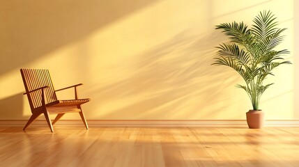 Wall Mural - Cozy Wooden Chair in Bright Modern Living Room with Warm Tones and Peaceful Atmosphere