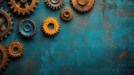 Leinwandbilder - Rusty gears creating a frame on metallic background with copy space