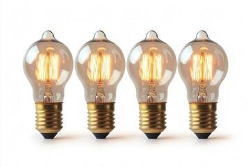 Four lit incandescent light bulbs shining brightly on white background