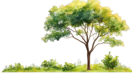 watercolor painting of lush tree with green and yellow leaves stands on grassy patch, surrounded by small bushes, evoking serene and natural atmosphere