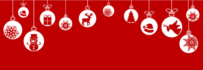 Fototapete - Christmas ball  line icon.Set of simple red hanging christmas balls seamless border . Holiday christmas decoration. New Year seamless banner .