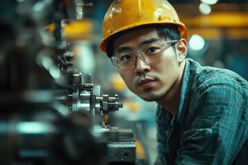 Poster - Industrial engineer working and controlling automatic manufacturing process in a factory