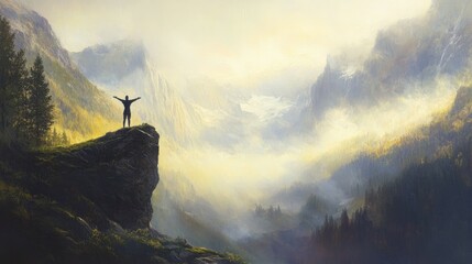 Wall Mural - Person on Mountain Peak Embracing Beautiful Scenic Nature Landscape