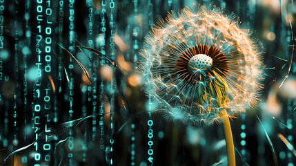 Dandelion with digital binary code, nature meets technology concept. Nature. Illustration