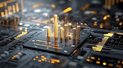 Leinwandbilder - Sophisticated 3D data visualization with dynamic glowing stacked bar charts and scatter plot on a sleek metallic background representing advanced analytics and precise information display